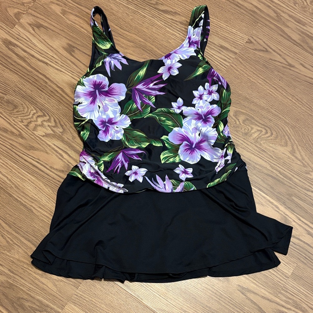 Women’s Plus Size Black Floral One-Piece Swimsuit with Skirt